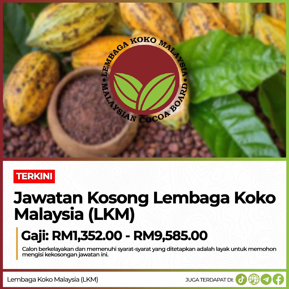 Jawatan Kosong Lembaga Koko Malaysia (LKM) : Gaji RM1,352.00 - RM9,585.00 / Minima SPM Layak Memohon