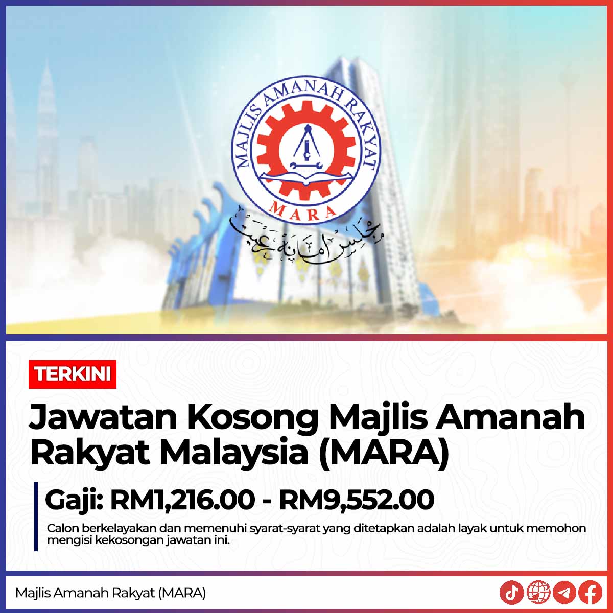 Jawatan Kosong Majlis Amanah Rakyat Malaysia (MARA) : Gaji RM1,216.00 - RM9,552.00