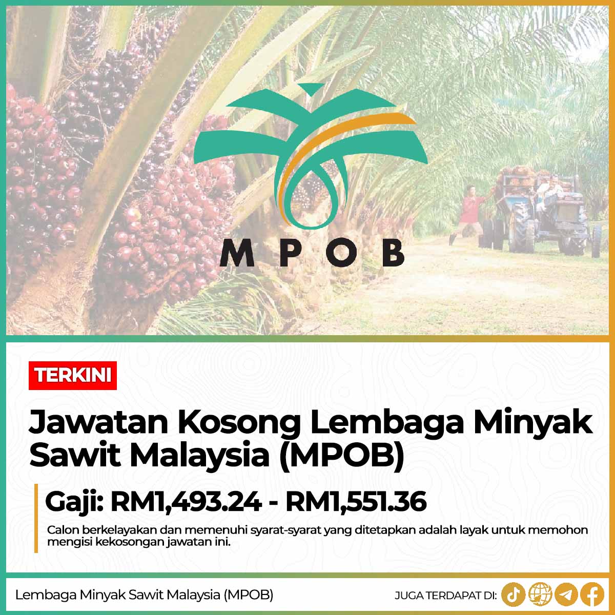 Jawatan Kosong Lembaga Minyak Sawit Malaysia (MPOB) : Gaji RM1,493.24 - RM1,551.36