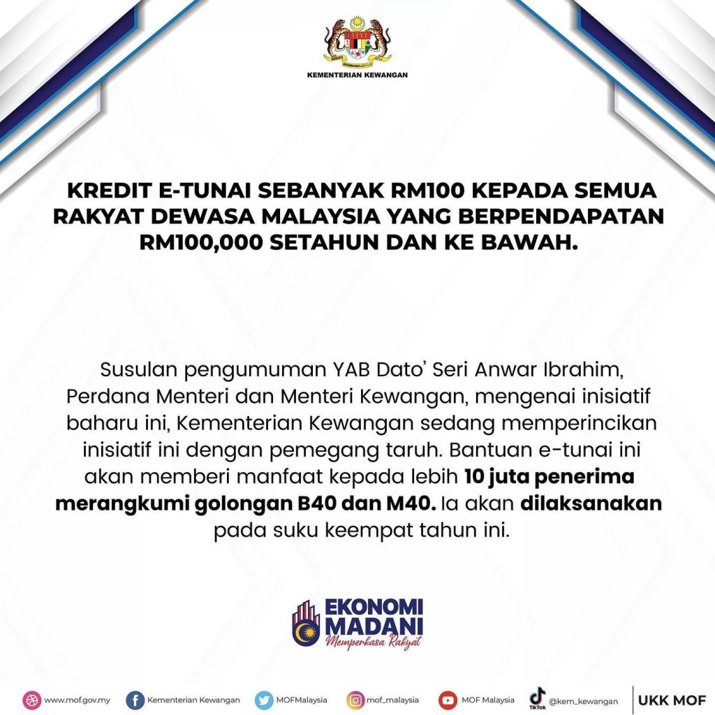 Kredit e-Tunai RM100 Untuk Rakyat Malaysia