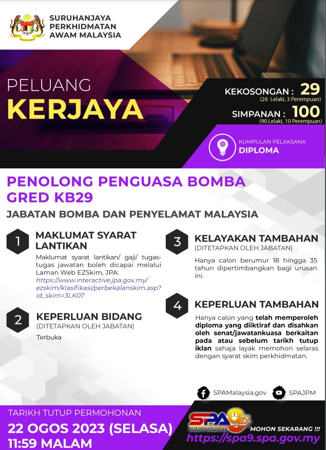 Jawatan Kosong Jabatan Bomba Dan Penyelamat Malaysia : Gaji RM1,814.00 - RM9,604.00