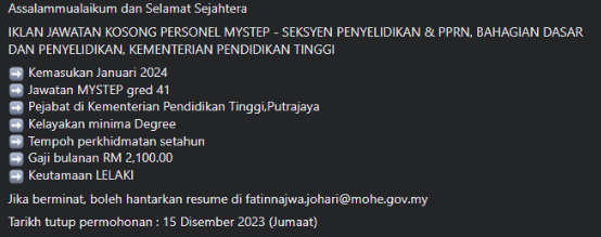 Jawatan Kosong : Kementerian Pendidikan Tinggi(KPT)