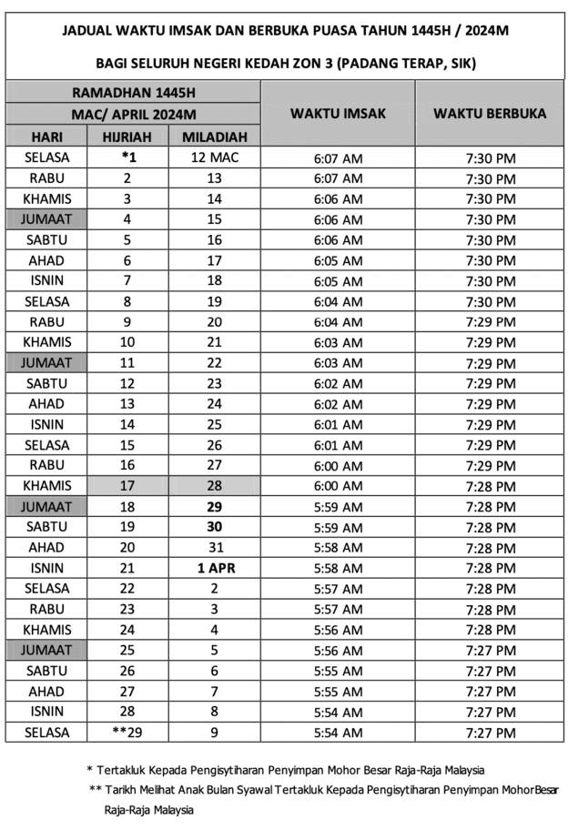 Jadual Waktu Berbuka Puasa 2024 (Kedah)