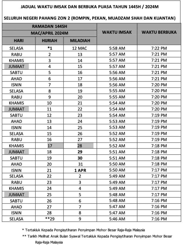 Jadual Waktu Berbuka Puasa 2024 (Pahang)