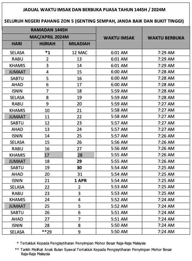 Jadual Waktu Berbuka Puasa 2024 (Pahang)