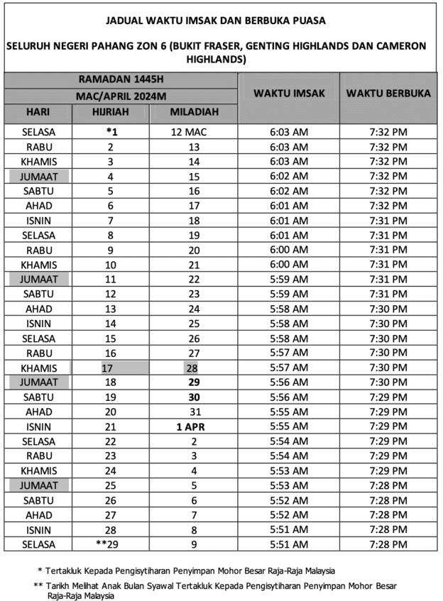 Jadual Waktu Berbuka Puasa 2024 (Pahang)