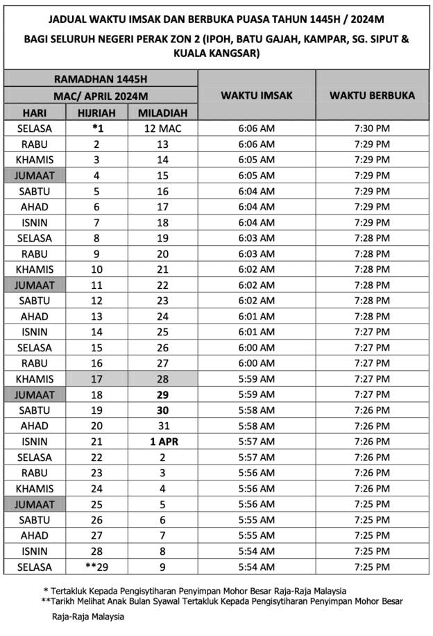 Jadual Waktu Berbuka Puasa 2024 (Perak)