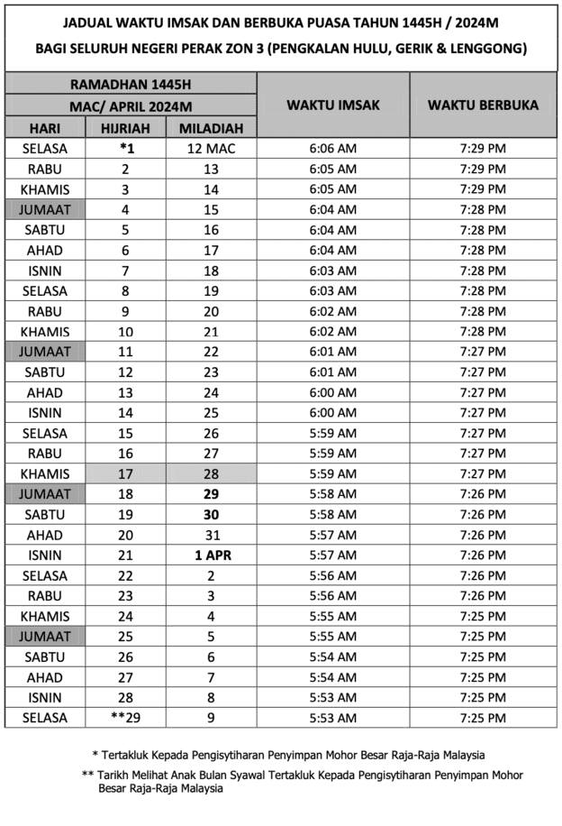 Jadual Waktu Berbuka Puasa 2024 (Perak)