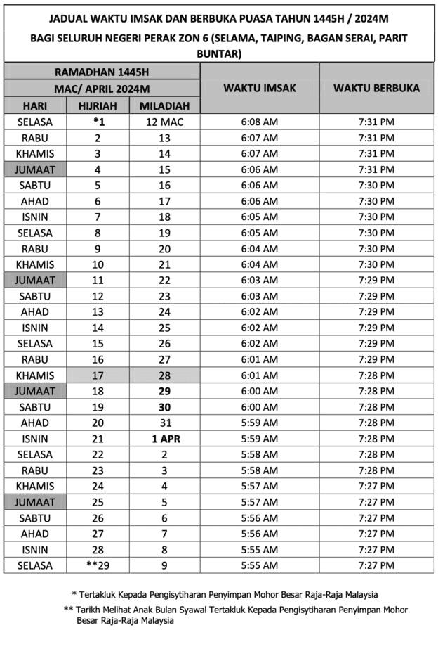 Jadual Waktu Berbuka Puasa 2024 (Perak)