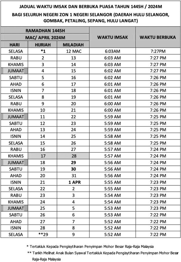 Jadual Waktu Berbuka Puasa 2024 (Selangor)