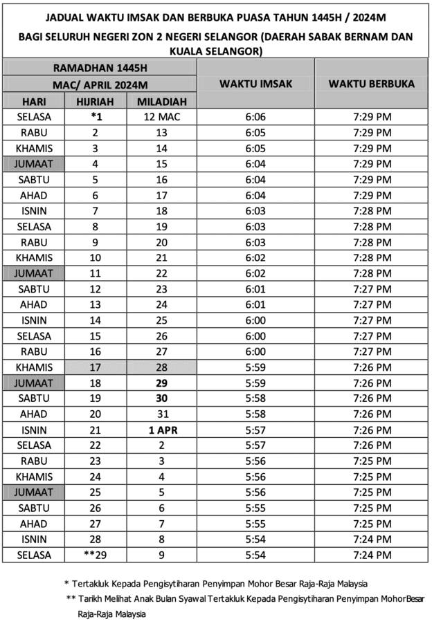 Jadual Waktu Berbuka Puasa 2024 (Selangor)