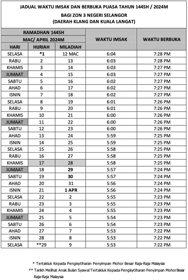 Jadual Waktu Berbuka Puasa 2024 (Selangor)