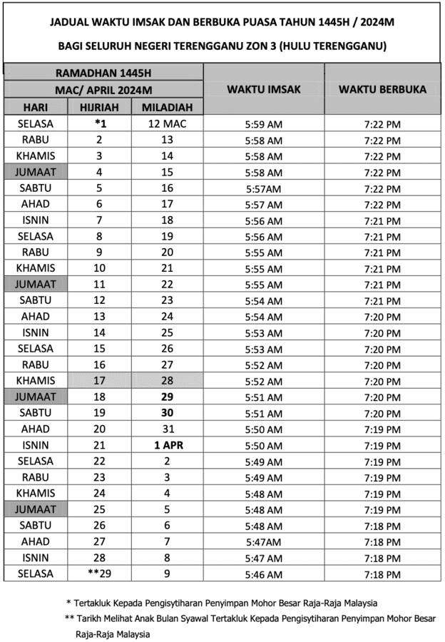 Jadual Waktu Berbuka Puasa 2024 (Terengganu)