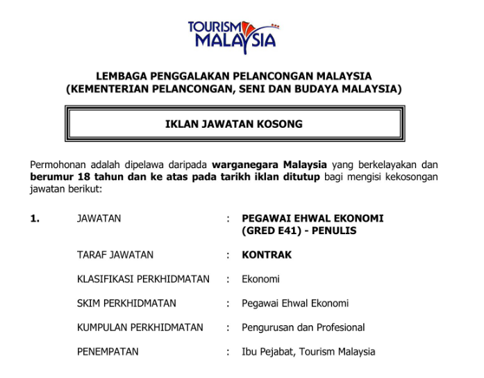 Jawatan Kosong : Kementerian Pelancongan, Kebudayaan dan Seni Malaysia(Tourism) Februari 2024