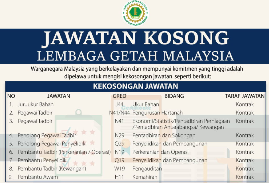 Jawatan Kosong : Lembaga Getah Malaysia Februari 2024