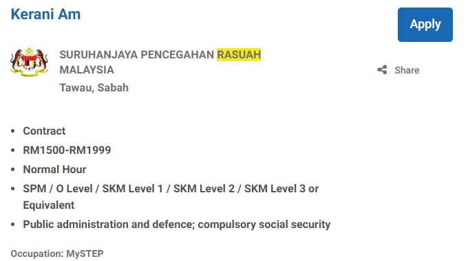 Jawatan Kosong : Suruhanjaya Pencegahan Rasuah Malaysia Mac 2024