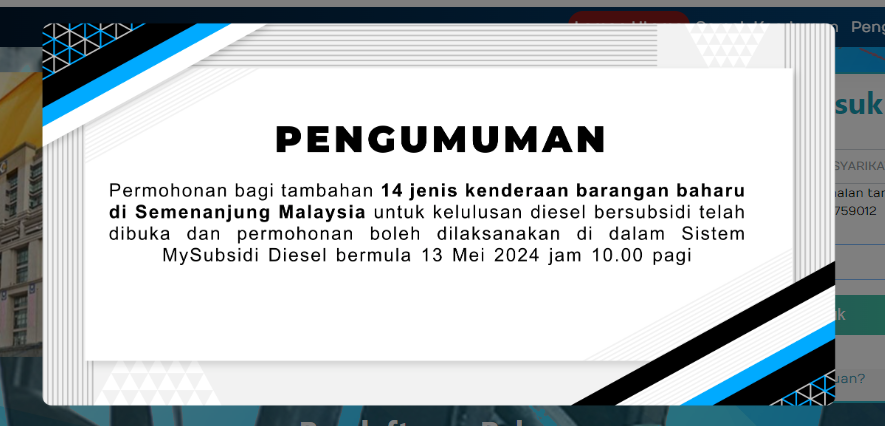 Permohonan My Subsidi Diesel 2024 Kini Dibuka