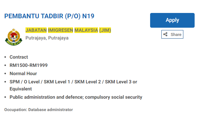 Jawatan Kosong Jabatan Imgresen Malaysia : Kelayakan Minima SPM Ambilan Jun 2024