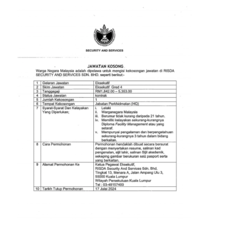 Jawatan Kosong RISDA Malaysia : Ambilan Julai 2024
