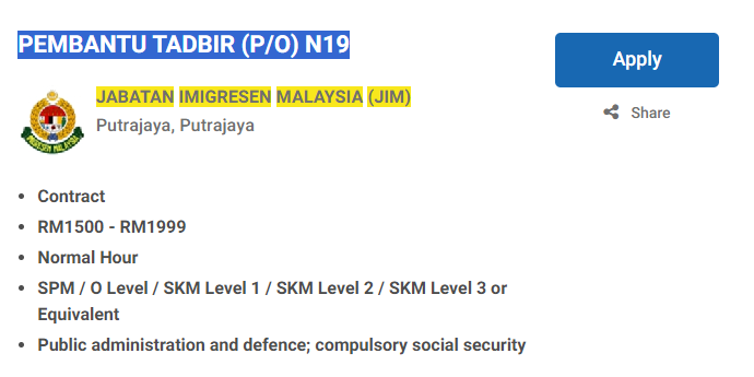 Jawatan Kosong : Jabatan Imigresen Malaysia ~ Minima SPM Ambilan Ogos 2024