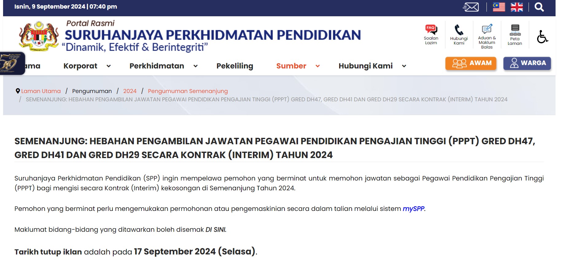 Jawatan Kosong Suruhanjaya Perkhidmatan Pendidikan (SPP) 2024 ~ Minima SPM Layak Memohon